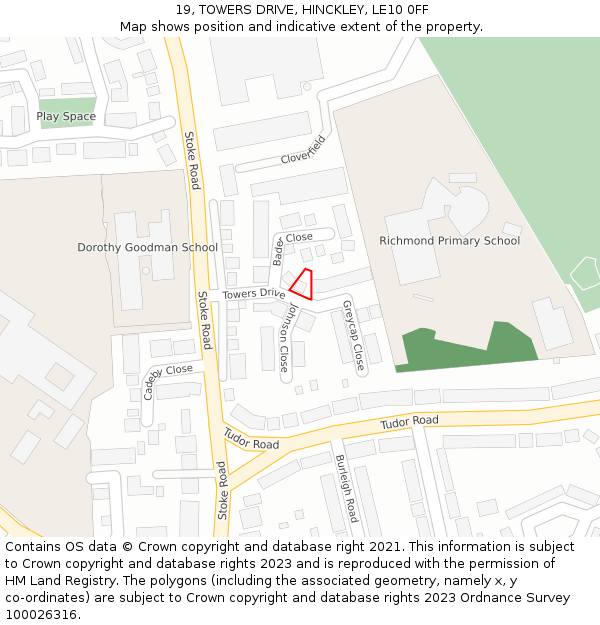 19, TOWERS DRIVE, HINCKLEY, LE10 0FF: Location map and indicative extent of plot