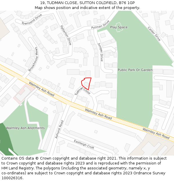 19, TUDMAN CLOSE, SUTTON COLDFIELD, B76 1GP: Location map and indicative extent of plot