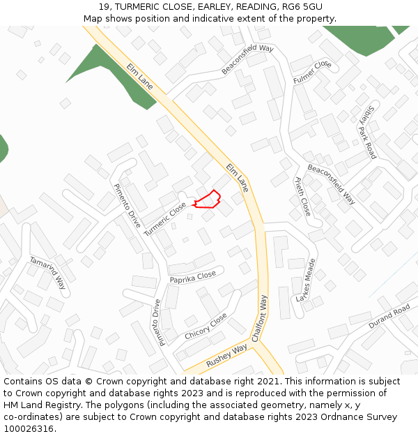 19, TURMERIC CLOSE, EARLEY, READING, RG6 5GU: Location map and indicative extent of plot