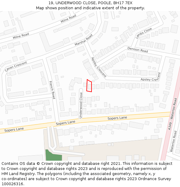19, UNDERWOOD CLOSE, POOLE, BH17 7EX: Location map and indicative extent of plot