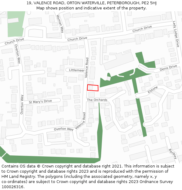 19, VALENCE ROAD, ORTON WATERVILLE, PETERBOROUGH, PE2 5HJ: Location map and indicative extent of plot