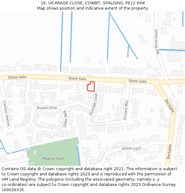 19, VICARAGE CLOSE, COWBIT, SPALDING, PE12 6XW: Location map and indicative extent of plot