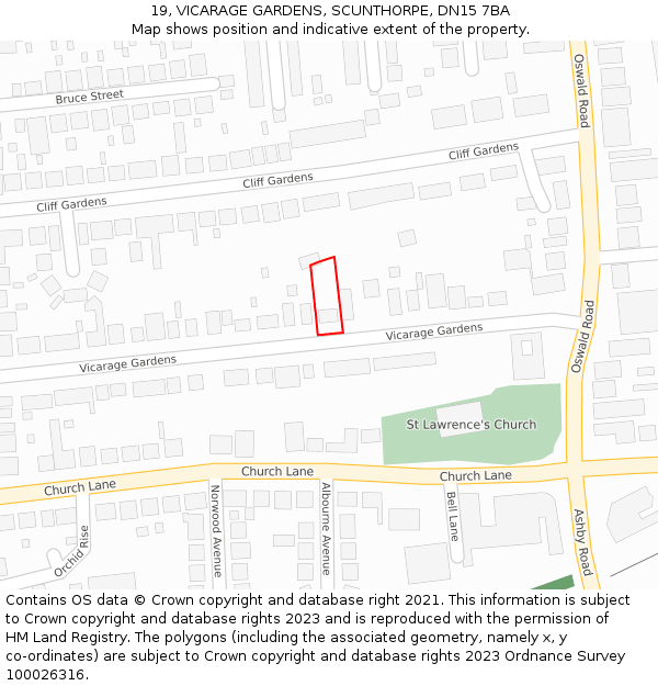 19, VICARAGE GARDENS, SCUNTHORPE, DN15 7BA: Location map and indicative extent of plot