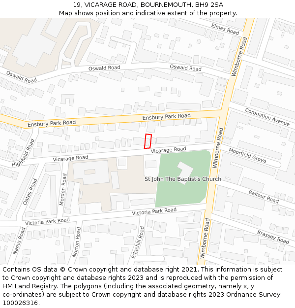 19, VICARAGE ROAD, BOURNEMOUTH, BH9 2SA: Location map and indicative extent of plot
