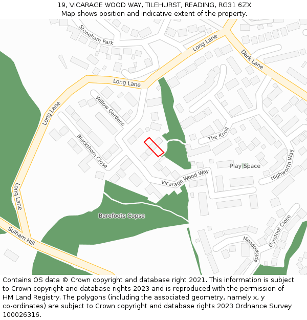 19, VICARAGE WOOD WAY, TILEHURST, READING, RG31 6ZX: Location map and indicative extent of plot