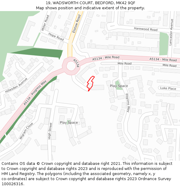 19, WADSWORTH COURT, BEDFORD, MK42 9QF: Location map and indicative extent of plot