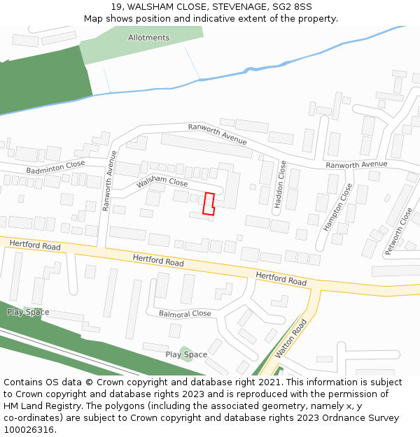 19, WALSHAM CLOSE, STEVENAGE, SG2 8SS: Location map and indicative extent of plot