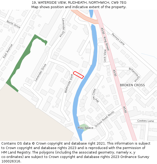 19, WATERSIDE VIEW, RUDHEATH, NORTHWICH, CW9 7EG: Location map and indicative extent of plot