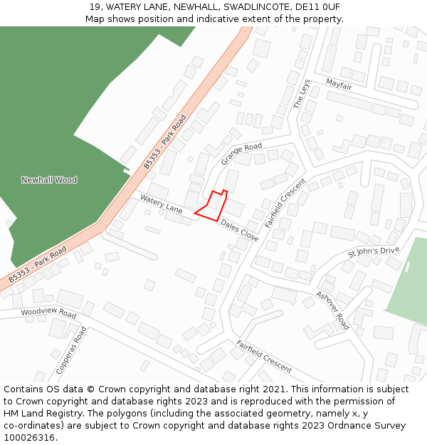 19, WATERY LANE, NEWHALL, SWADLINCOTE, DE11 0UF: Location map and indicative extent of plot