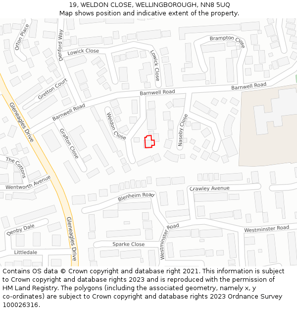 19, WELDON CLOSE, WELLINGBOROUGH, NN8 5UQ: Location map and indicative extent of plot