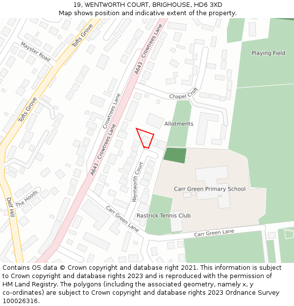 19, WENTWORTH COURT, BRIGHOUSE, HD6 3XD: Location map and indicative extent of plot