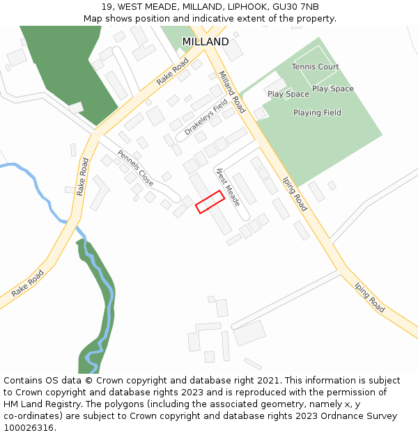 19, WEST MEADE, MILLAND, LIPHOOK, GU30 7NB: Location map and indicative extent of plot