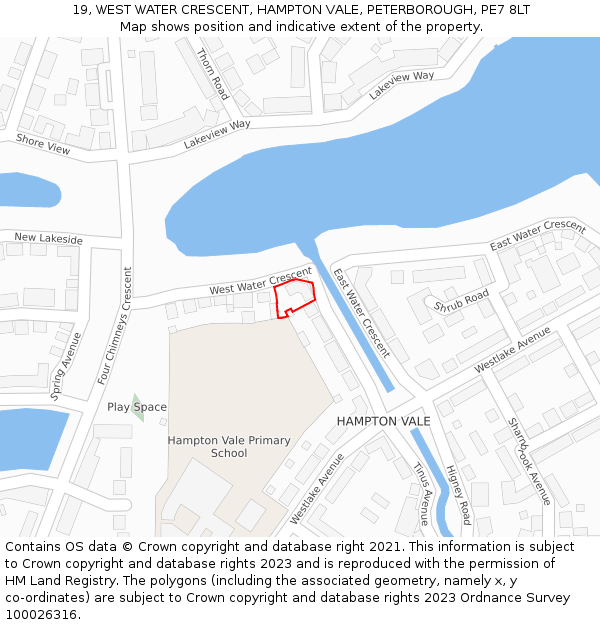 19, WEST WATER CRESCENT, HAMPTON VALE, PETERBOROUGH, PE7 8LT: Location map and indicative extent of plot