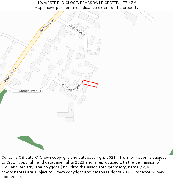 19, WESTFIELD CLOSE, REARSBY, LEICESTER, LE7 4ZA: Location map and indicative extent of plot