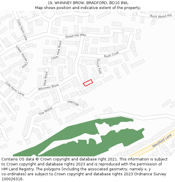 19, WHINNEY BROW, BRADFORD, BD10 8WL: Location map and indicative extent of plot