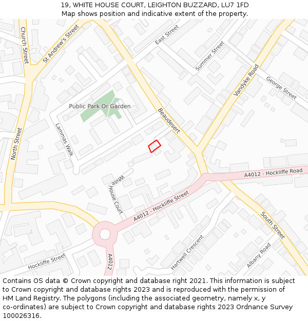 19, WHITE HOUSE COURT, LEIGHTON BUZZARD, LU7 1FD: Location map and indicative extent of plot