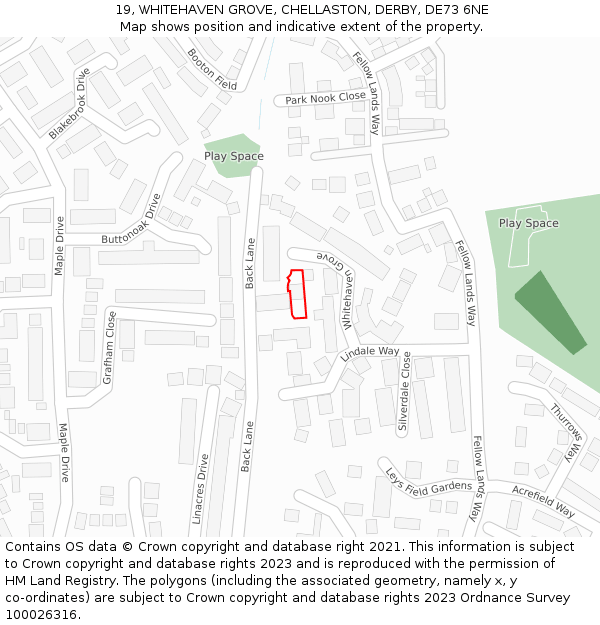 19, WHITEHAVEN GROVE, CHELLASTON, DERBY, DE73 6NE: Location map and indicative extent of plot