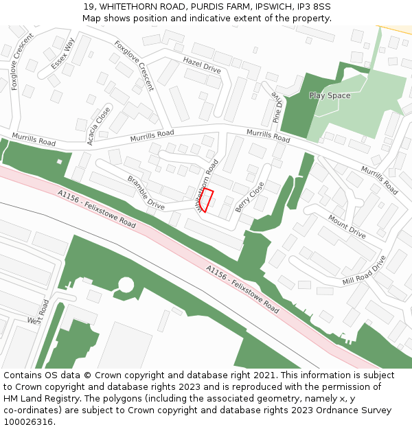 19, WHITETHORN ROAD, PURDIS FARM, IPSWICH, IP3 8SS: Location map and indicative extent of plot