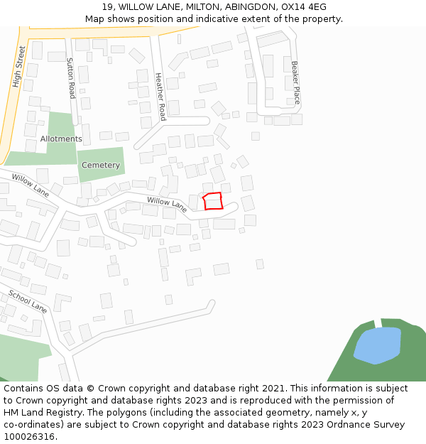 19, WILLOW LANE, MILTON, ABINGDON, OX14 4EG: Location map and indicative extent of plot