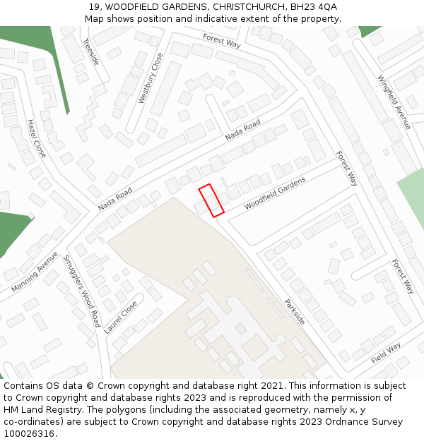 19, WOODFIELD GARDENS, CHRISTCHURCH, BH23 4QA: Location map and indicative extent of plot