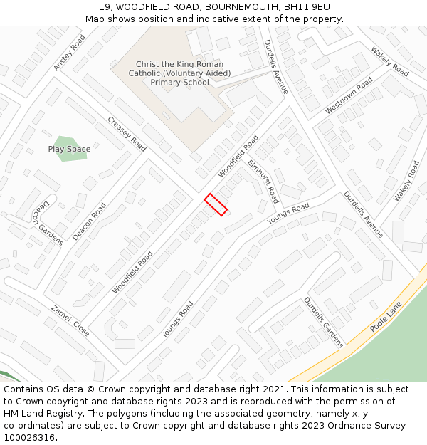 19, WOODFIELD ROAD, BOURNEMOUTH, BH11 9EU: Location map and indicative extent of plot