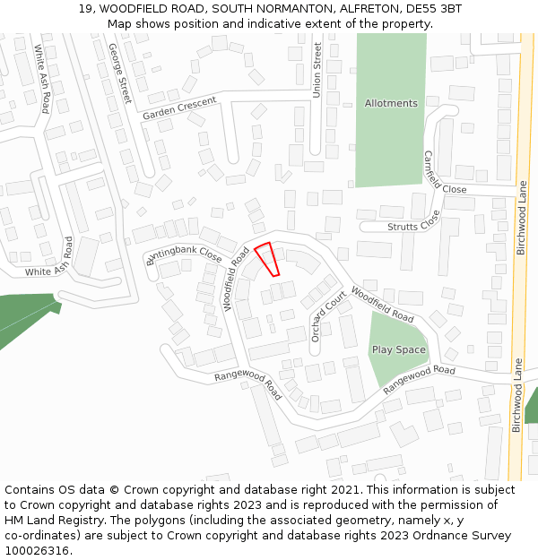 19, WOODFIELD ROAD, SOUTH NORMANTON, ALFRETON, DE55 3BT: Location map and indicative extent of plot