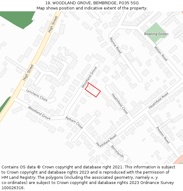19, WOODLAND GROVE, BEMBRIDGE, PO35 5SG: Location map and indicative extent of plot