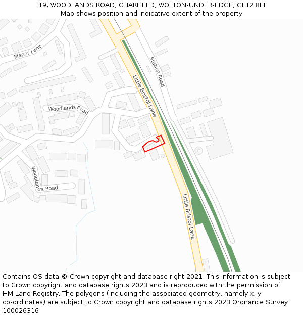 19, WOODLANDS ROAD, CHARFIELD, WOTTON-UNDER-EDGE, GL12 8LT: Location map and indicative extent of plot