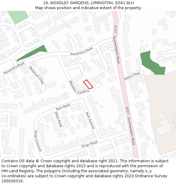 19, WOODLEY GARDENS, LYMINGTON, SO41 9LH: Location map and indicative extent of plot