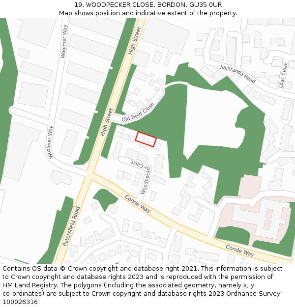 19, WOODPECKER CLOSE, BORDON, GU35 0UR: Location map and indicative extent of plot