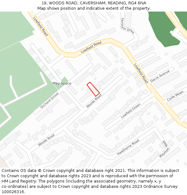 19, WOODS ROAD, CAVERSHAM, READING, RG4 6NA: Location map and indicative extent of plot