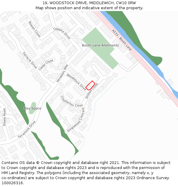 19, WOODSTOCK DRIVE, MIDDLEWICH, CW10 0RW: Location map and indicative extent of plot