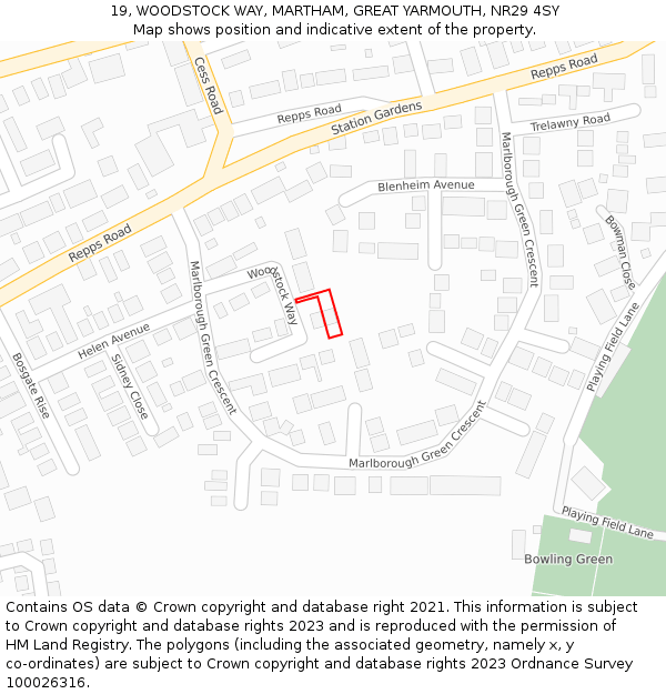19, WOODSTOCK WAY, MARTHAM, GREAT YARMOUTH, NR29 4SY: Location map and indicative extent of plot