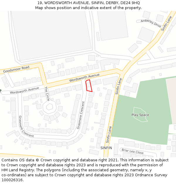 19, WORDSWORTH AVENUE, SINFIN, DERBY, DE24 9HQ: Location map and indicative extent of plot