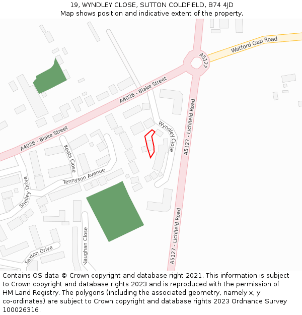 19, WYNDLEY CLOSE, SUTTON COLDFIELD, B74 4JD: Location map and indicative extent of plot