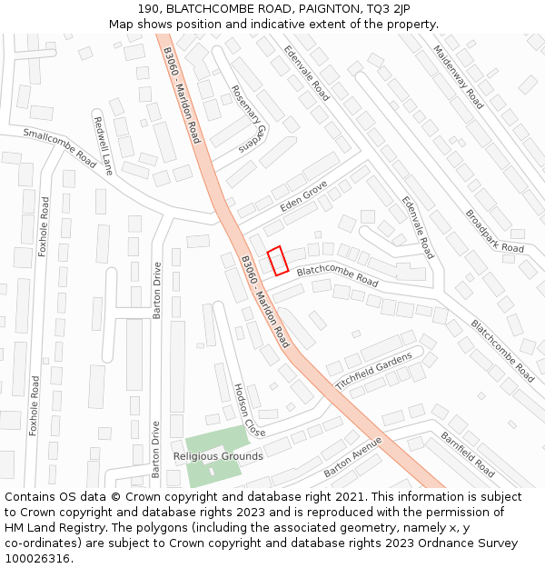 190, BLATCHCOMBE ROAD, PAIGNTON, TQ3 2JP: Location map and indicative extent of plot