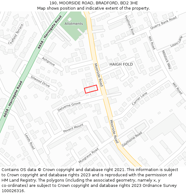 190, MOORSIDE ROAD, BRADFORD, BD2 3HE: Location map and indicative extent of plot