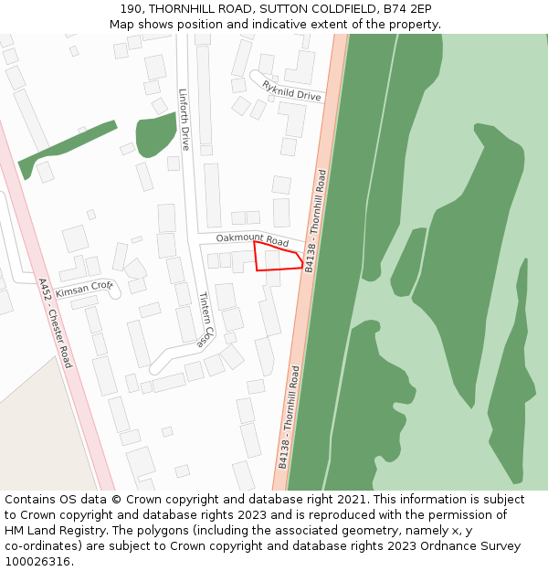 190, THORNHILL ROAD, SUTTON COLDFIELD, B74 2EP: Location map and indicative extent of plot
