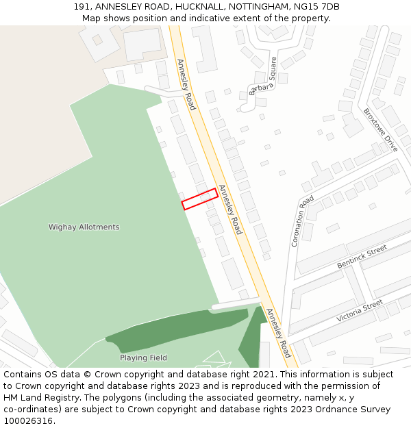 191, ANNESLEY ROAD, HUCKNALL, NOTTINGHAM, NG15 7DB: Location map and indicative extent of plot