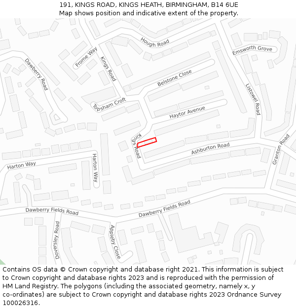 191, KINGS ROAD, KINGS HEATH, BIRMINGHAM, B14 6UE: Location map and indicative extent of plot