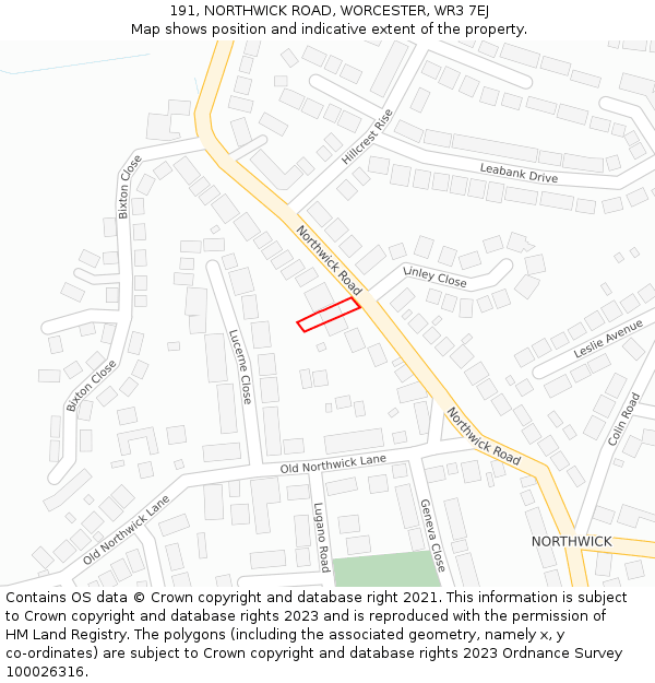 191, NORTHWICK ROAD, WORCESTER, WR3 7EJ: Location map and indicative extent of plot