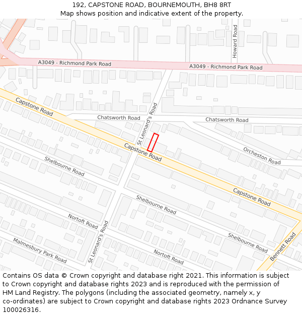 192, CAPSTONE ROAD, BOURNEMOUTH, BH8 8RT: Location map and indicative extent of plot