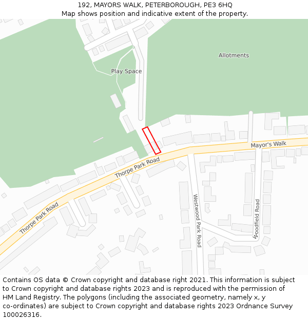 192, MAYORS WALK, PETERBOROUGH, PE3 6HQ: Location map and indicative extent of plot