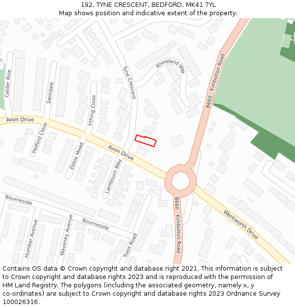 192, TYNE CRESCENT, BEDFORD, MK41 7YL: Location map and indicative extent of plot