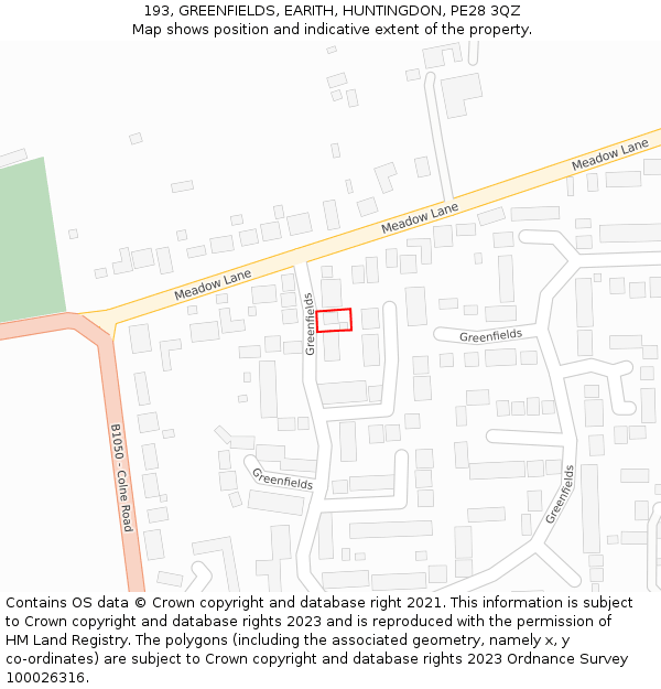 193, GREENFIELDS, EARITH, HUNTINGDON, PE28 3QZ: Location map and indicative extent of plot