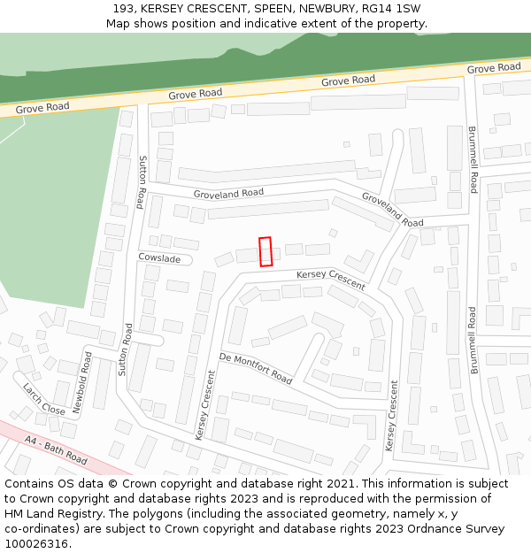 193, KERSEY CRESCENT, SPEEN, NEWBURY, RG14 1SW: Location map and indicative extent of plot