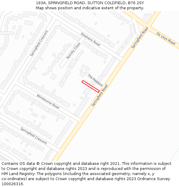 193A, SPRINGFIELD ROAD, SUTTON COLDFIELD, B76 2SY: Location map and indicative extent of plot