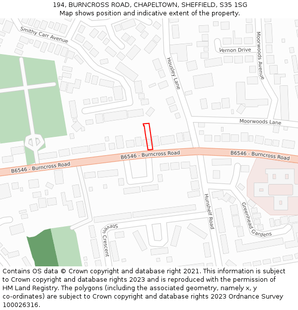 194, BURNCROSS ROAD, CHAPELTOWN, SHEFFIELD, S35 1SG: Location map and indicative extent of plot