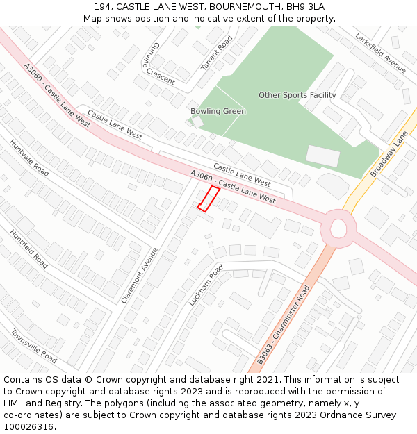 194, CASTLE LANE WEST, BOURNEMOUTH, BH9 3LA: Location map and indicative extent of plot