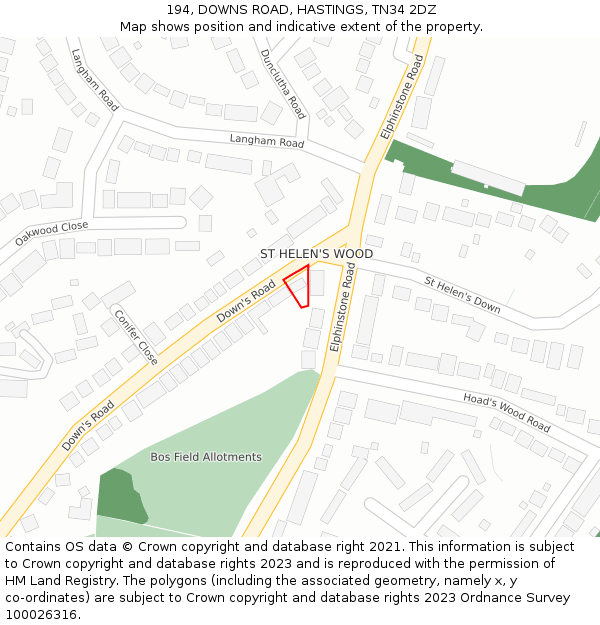194, DOWNS ROAD, HASTINGS, TN34 2DZ: Location map and indicative extent of plot